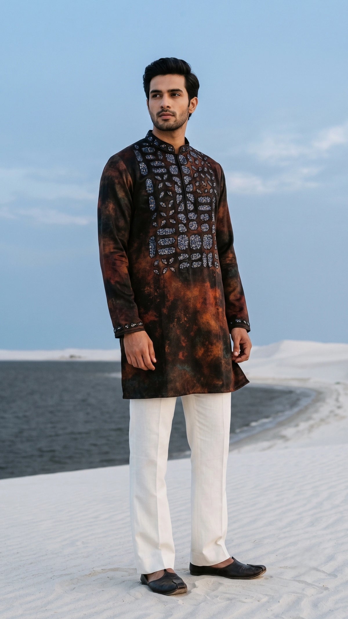 Contemporary Mirror & Thread Embroidered Silk Kurta Set