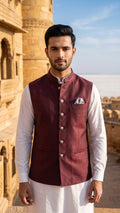 Men's Wine Textured Sleeveless Waistcoat