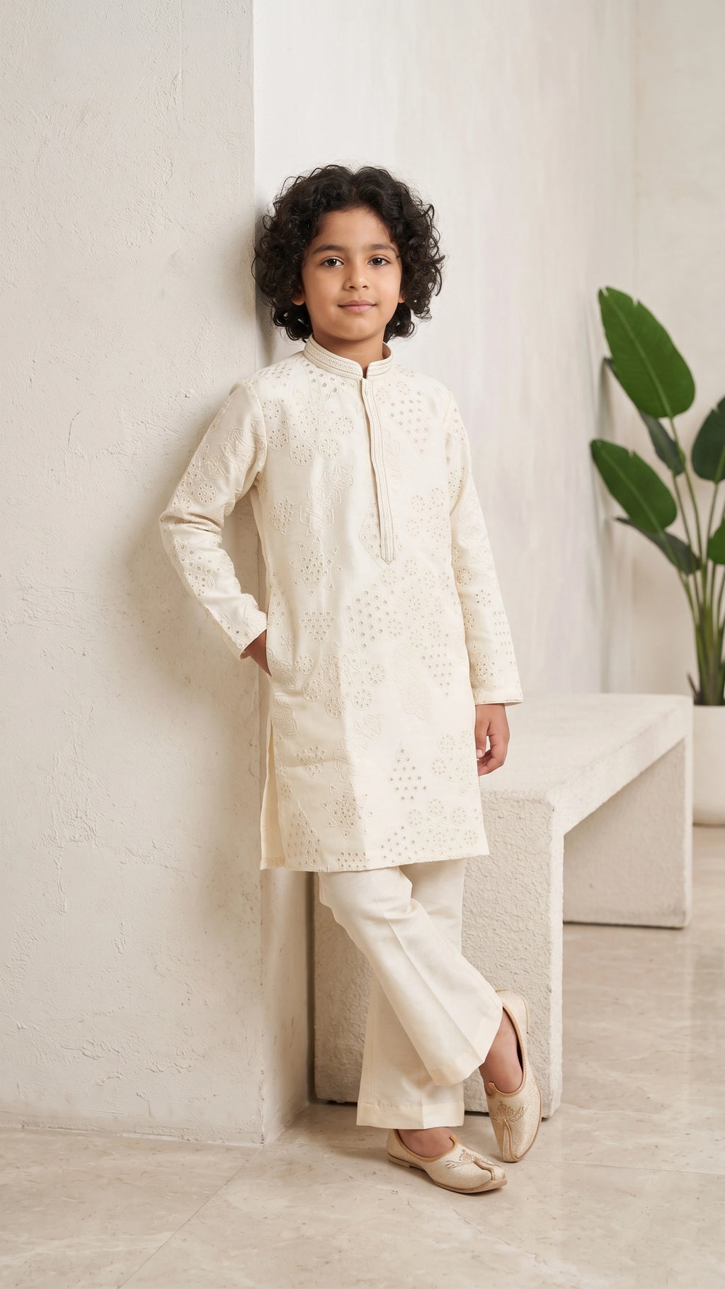 Boys Cream Embroidered Silk Kurta with Broad-Fit Pants Set
