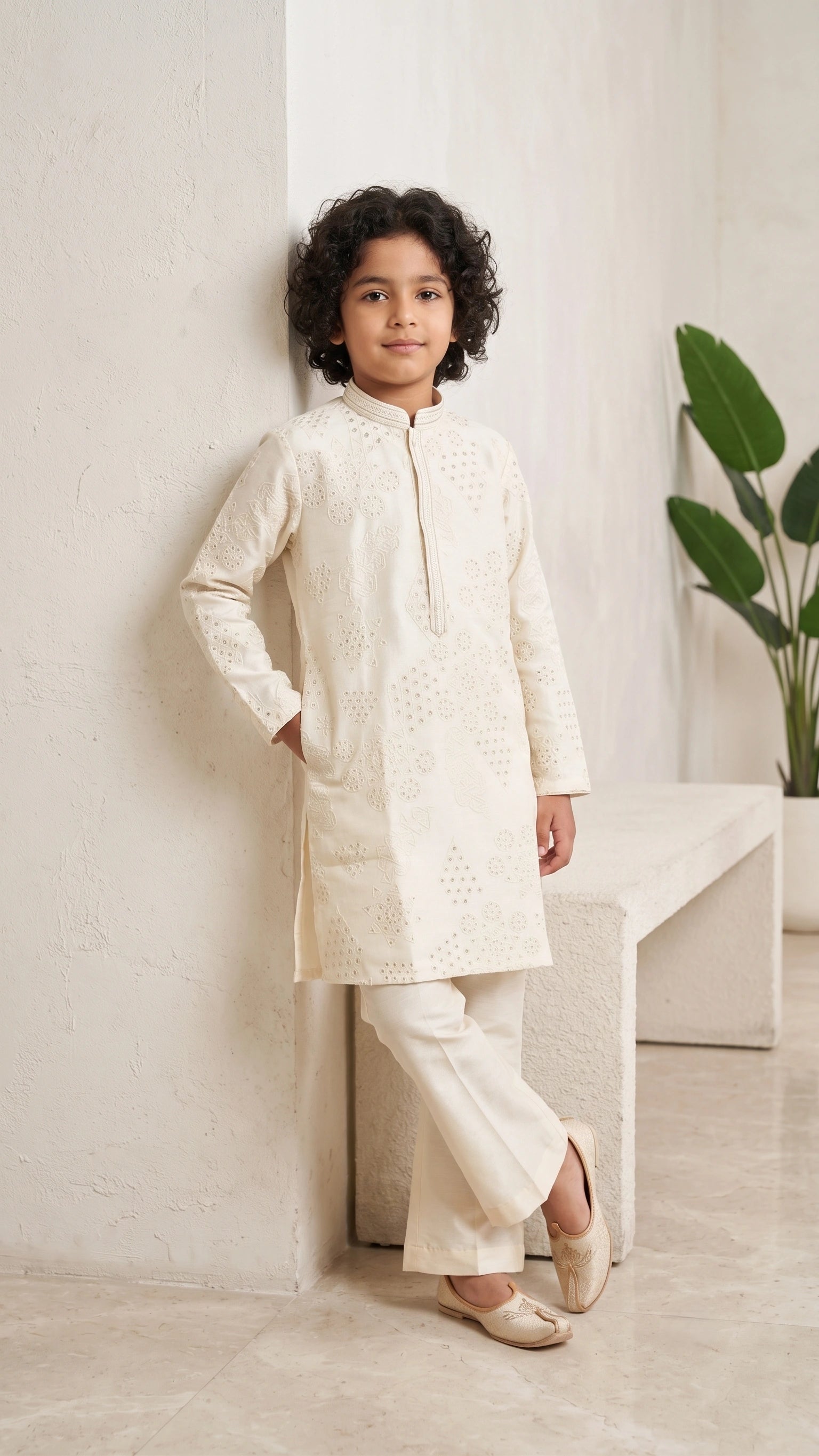 Boys Cream Embroidered Silk Kurta with Broad-Fit Pants Set