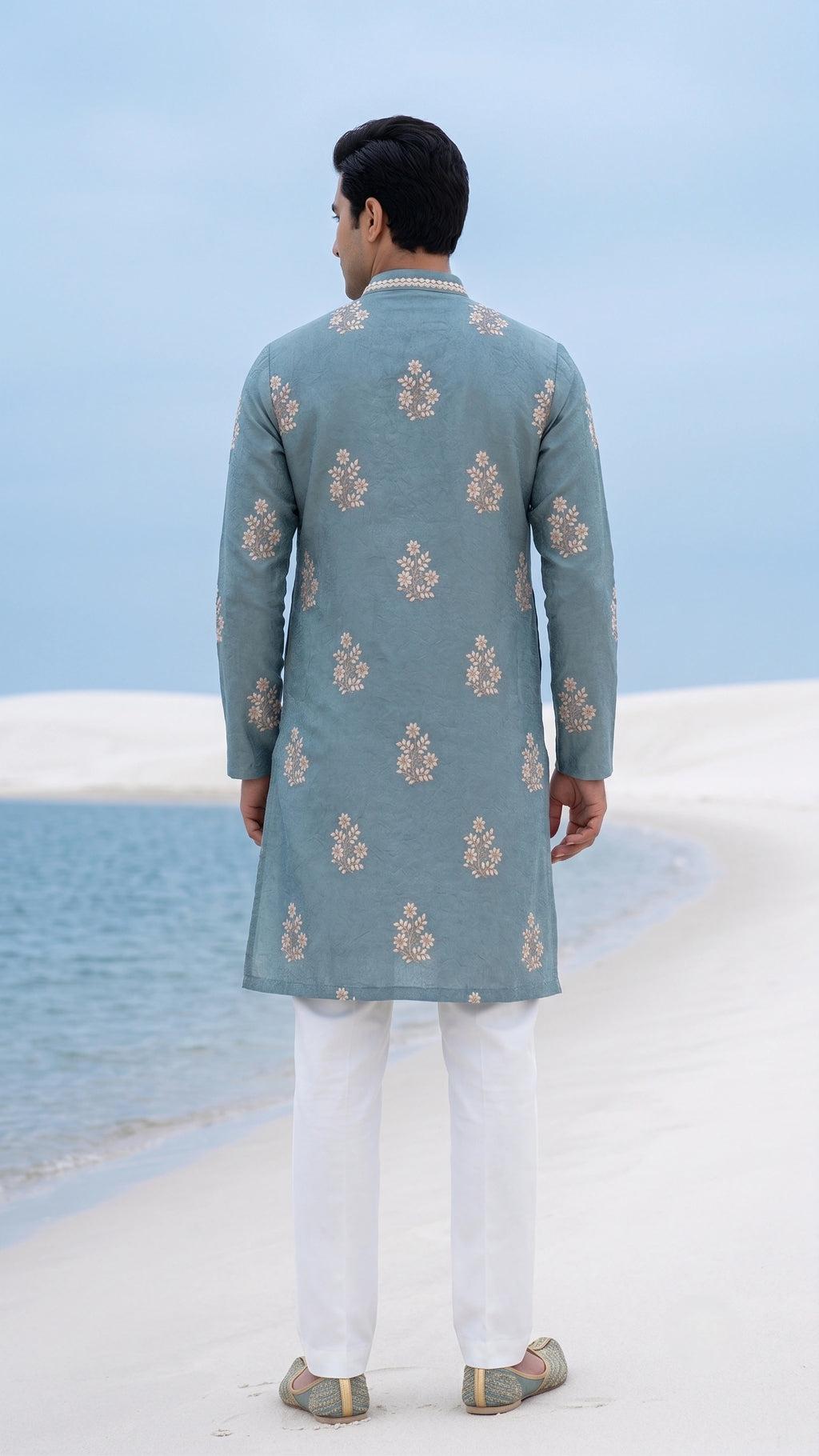 Dusty Sea Green Hand-Embroidered Floral Buta Kurta Set