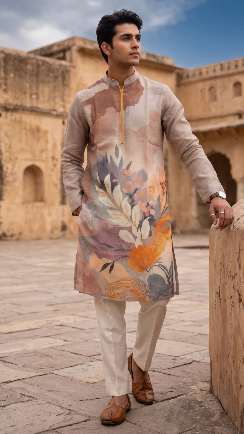 Dusty Taupe Abstract Botanical Print Linen-Blend Long Kurta