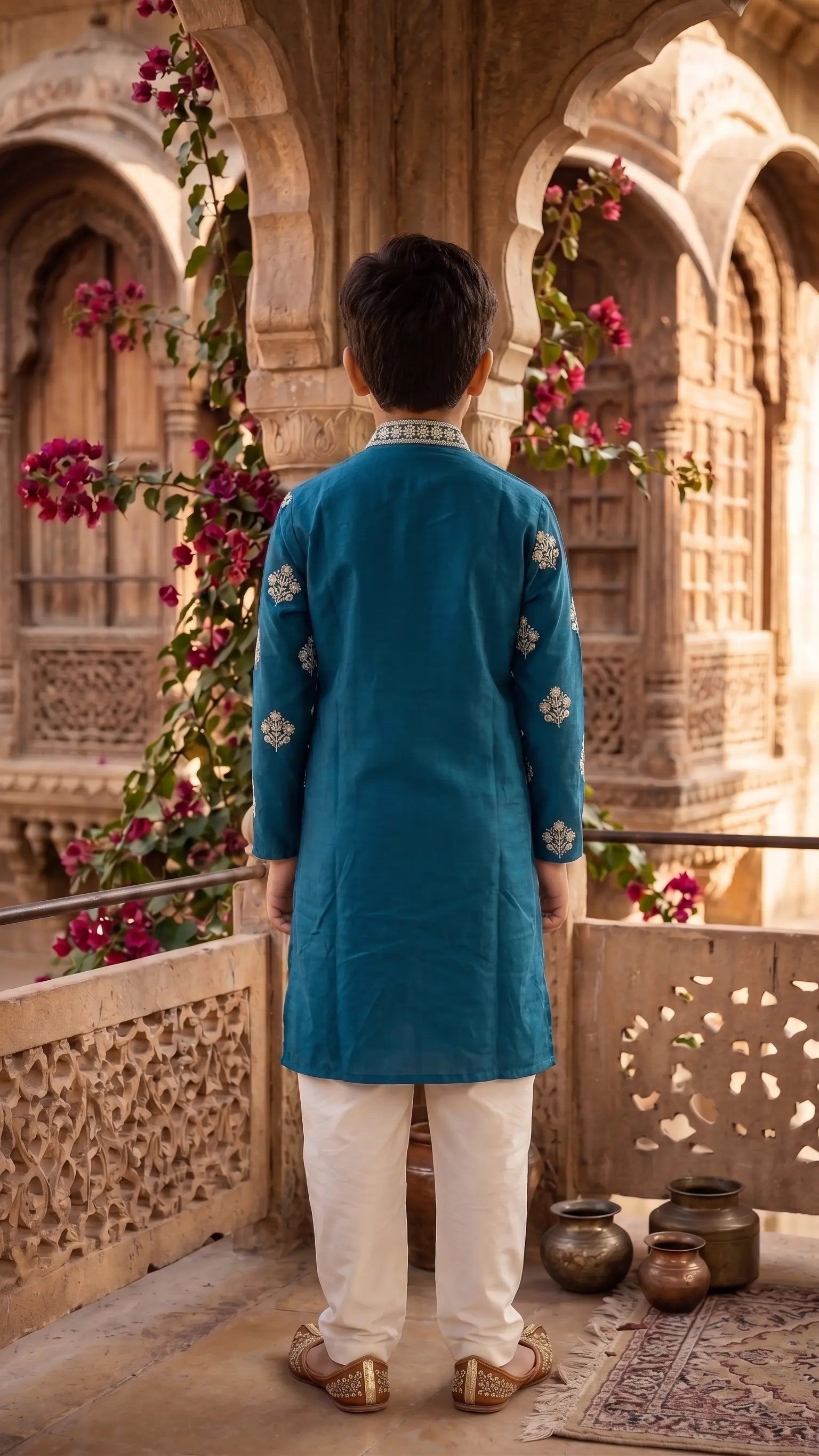 Boys Teal Blue Embroidered Silk Kurta Set with Off-White Pyjama
