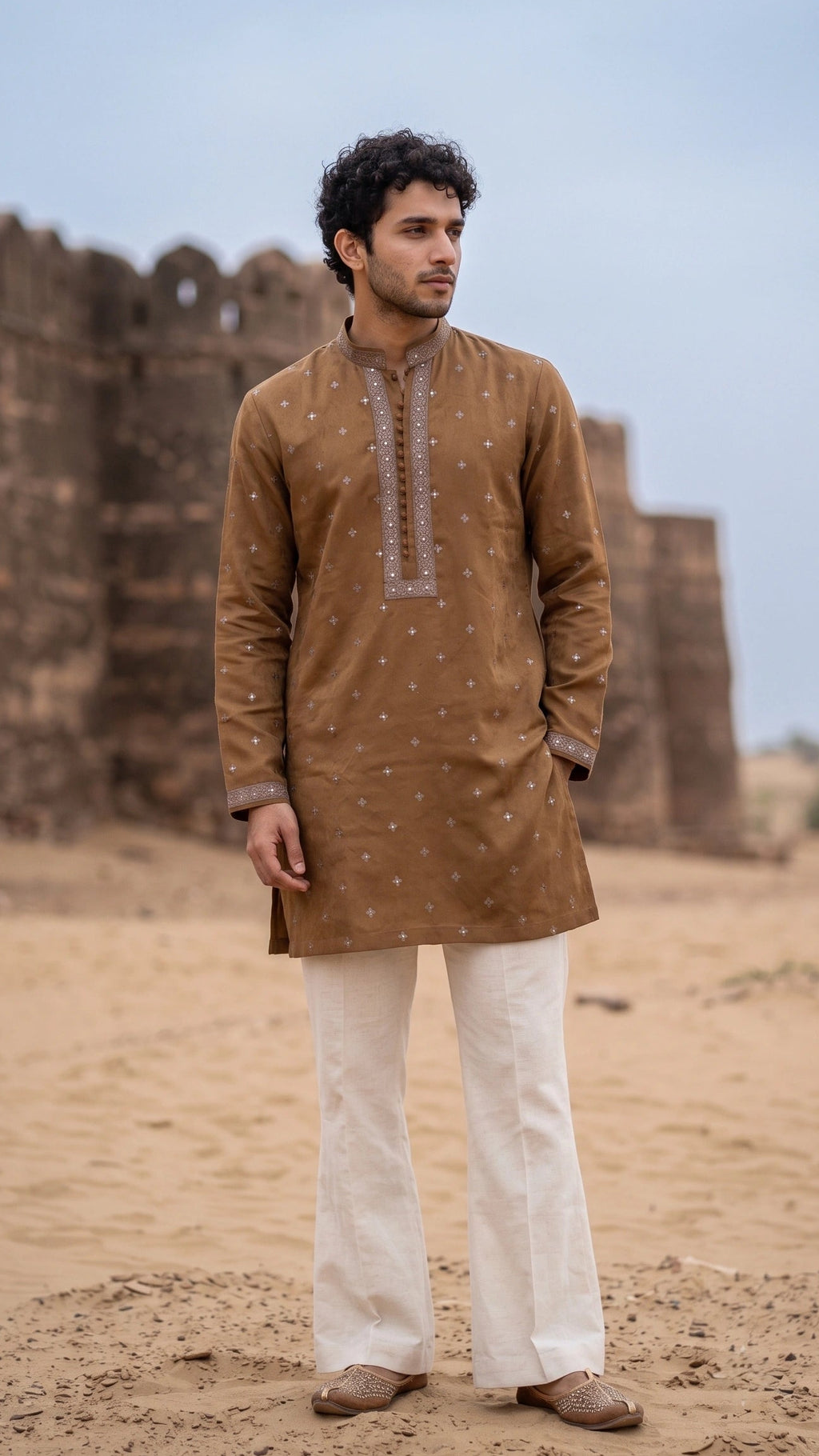 Earth Brown Embroidered Suede-Finish Kurta