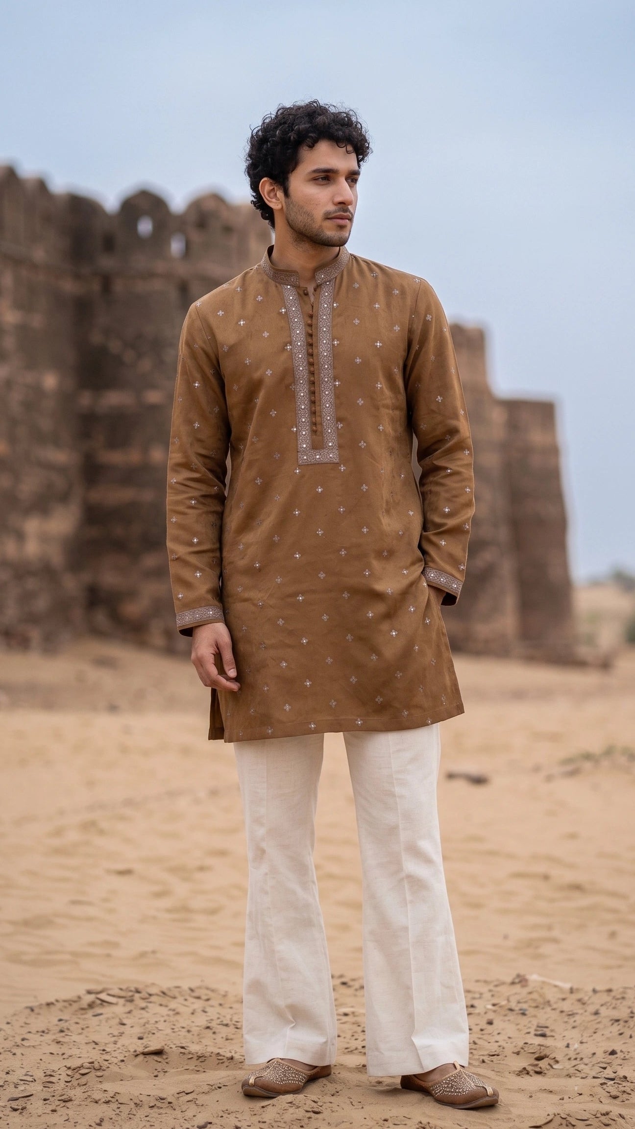 Earth Brown Embroidered Suede-Finish Kurta
