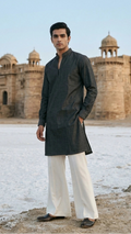 Charcoal Slate Textured Cotton Kurta with Open V-Neck Placket & Shirt Cuffs