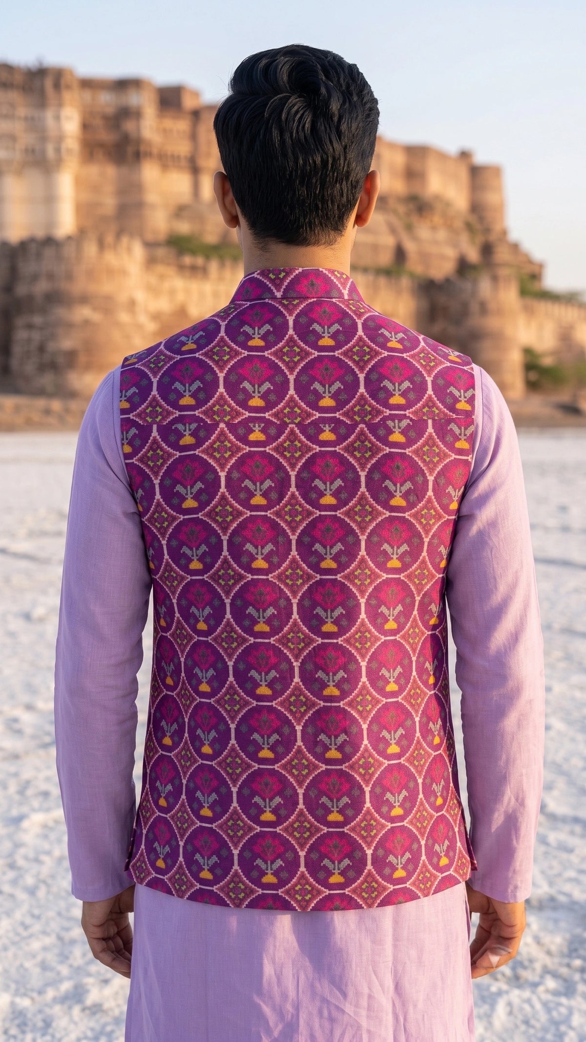 Regal Purple Floral Geometric Ikat Waistcoat
