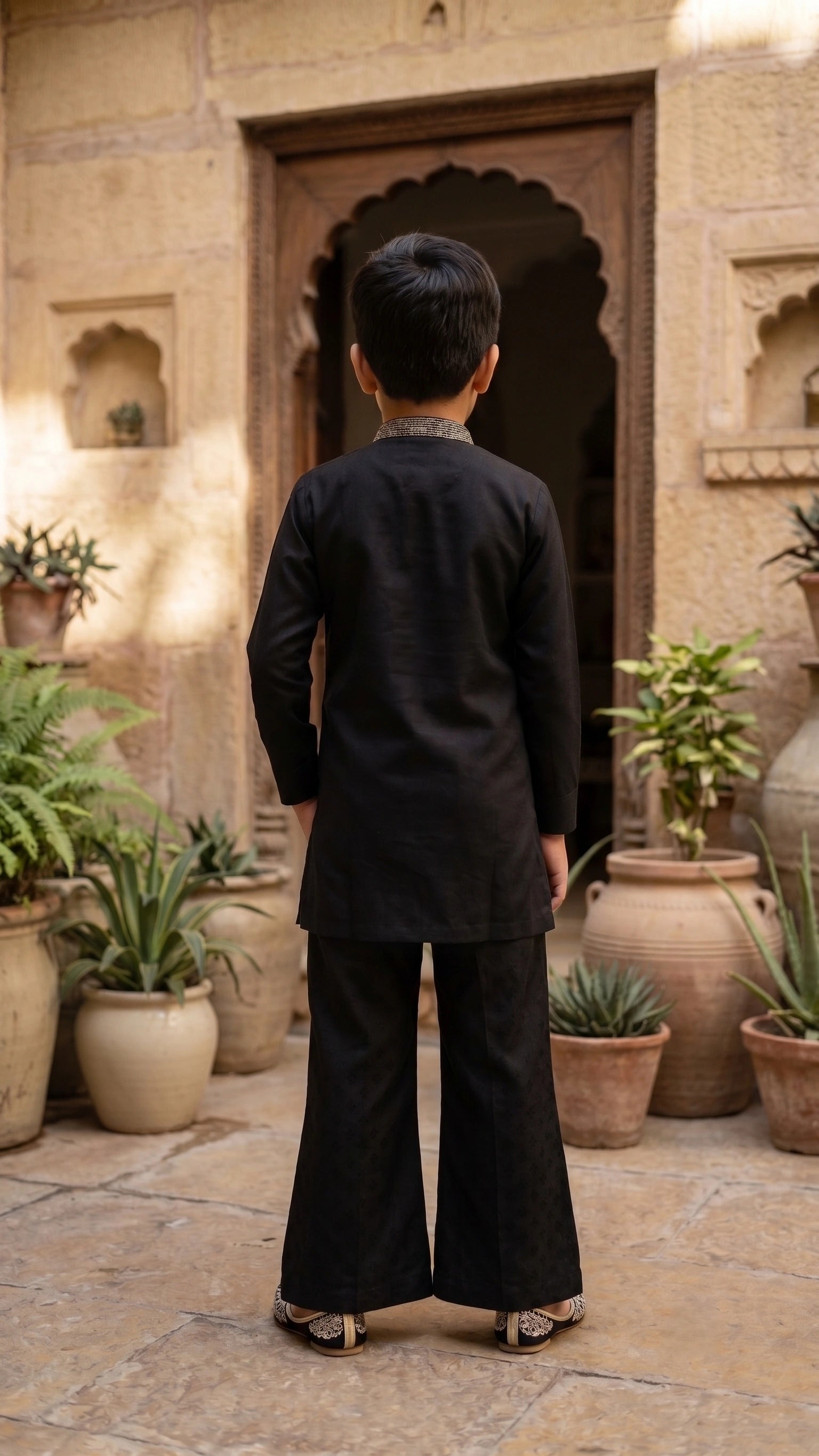 Boys' Jet-Black Embellished Kurta & Wide-Leg Trouser Set
