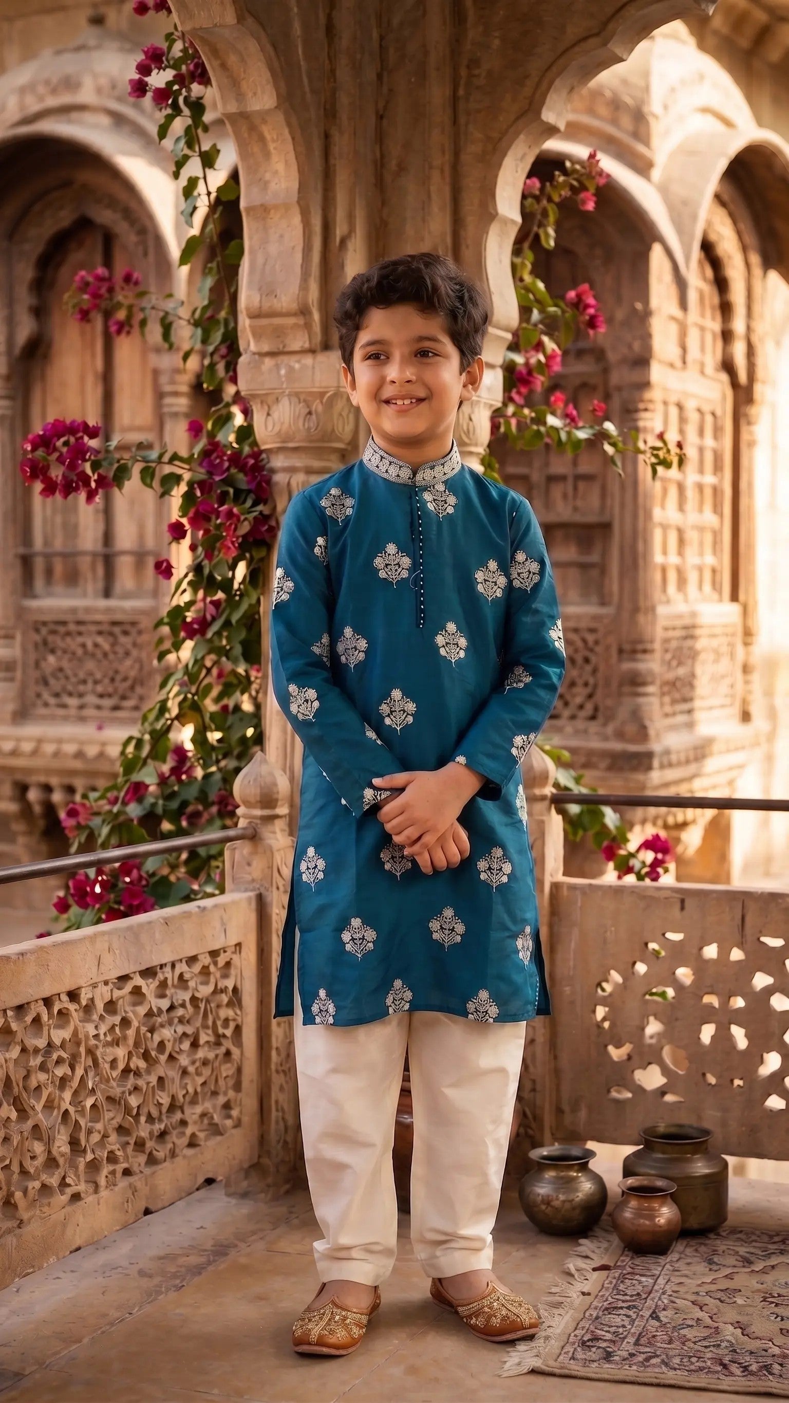 Boys Teal Blue Embroidered Silk Kurta Set with Off-White Pyjama