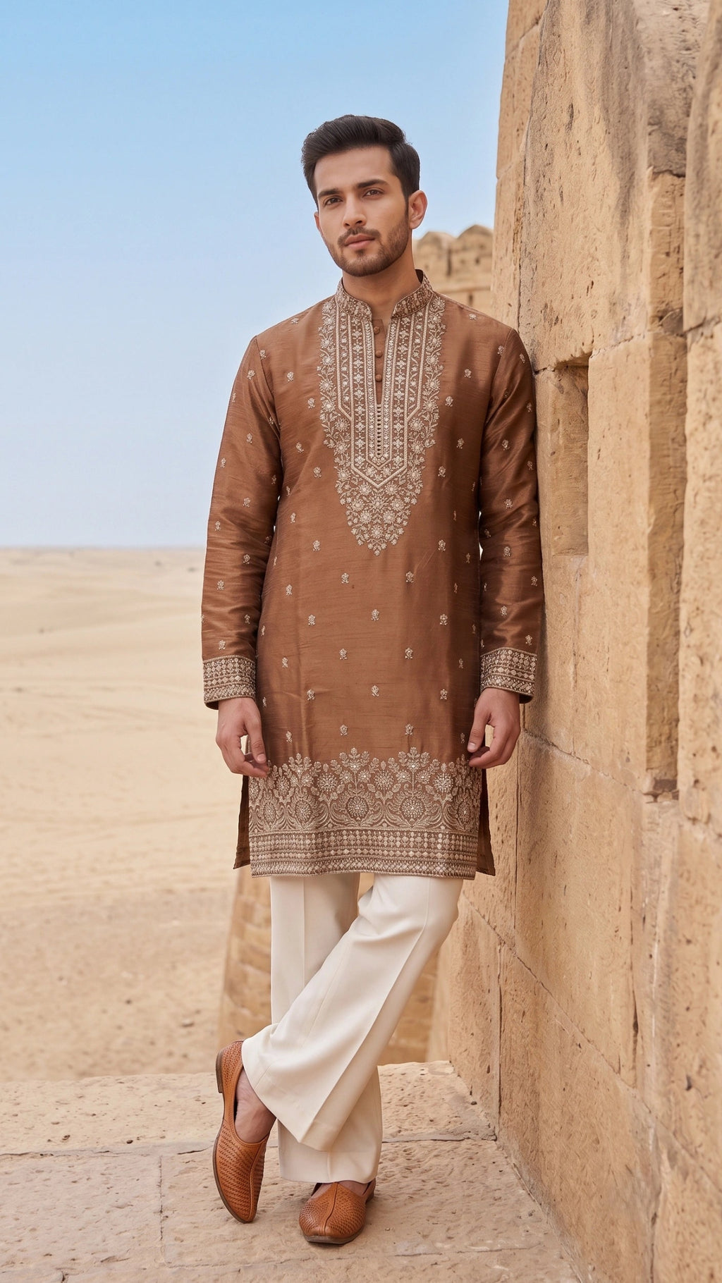 Metallic Bronze Silk Embroidered Kurta for Men