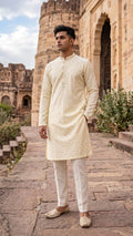 Pale Yellow Embroidered Self-Design Kurta