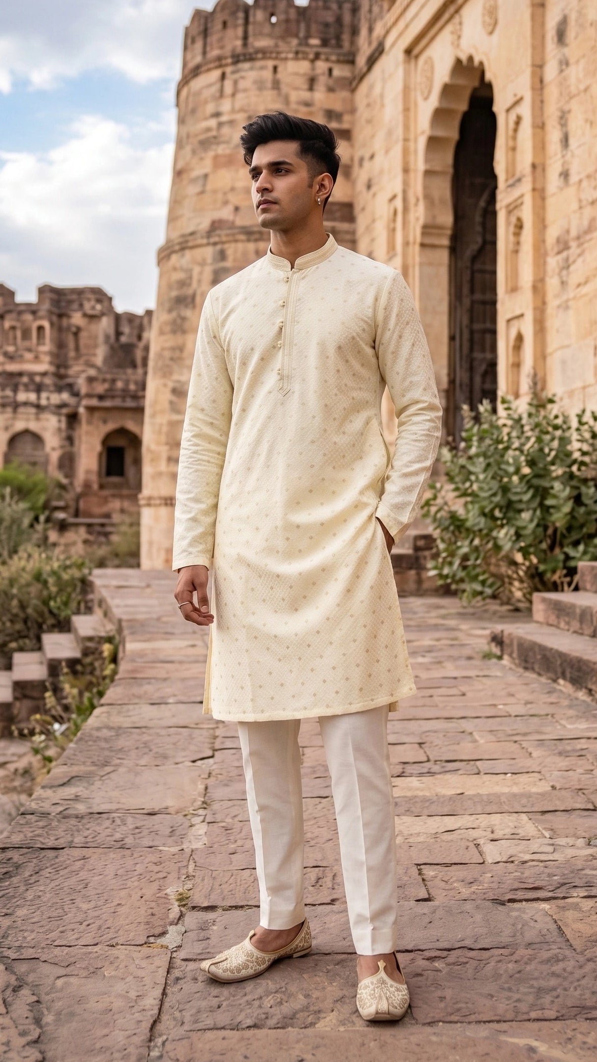 Pale Yellow Embroidered Self-Design Kurta