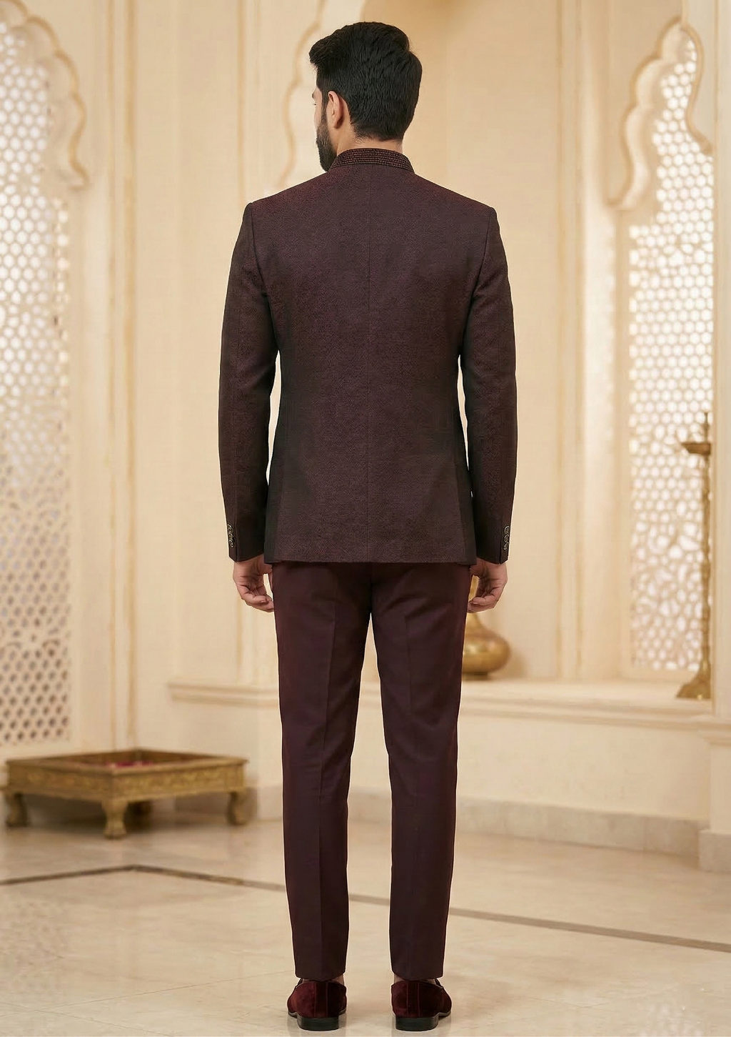 Elegant Wine Textured Jodhpuri Suit
