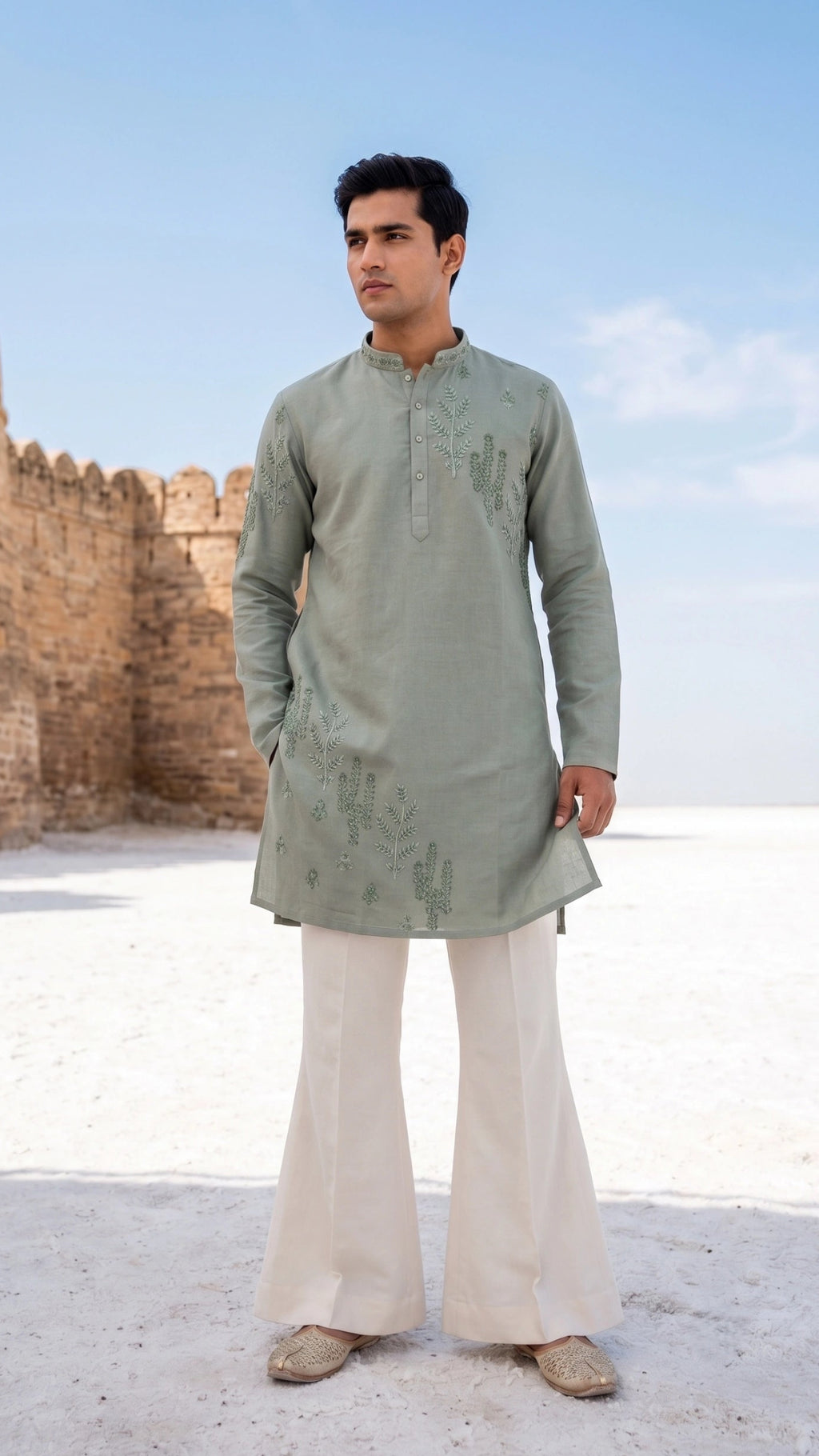 Sage Green Botanical Hand-Embroidered Short Kurta