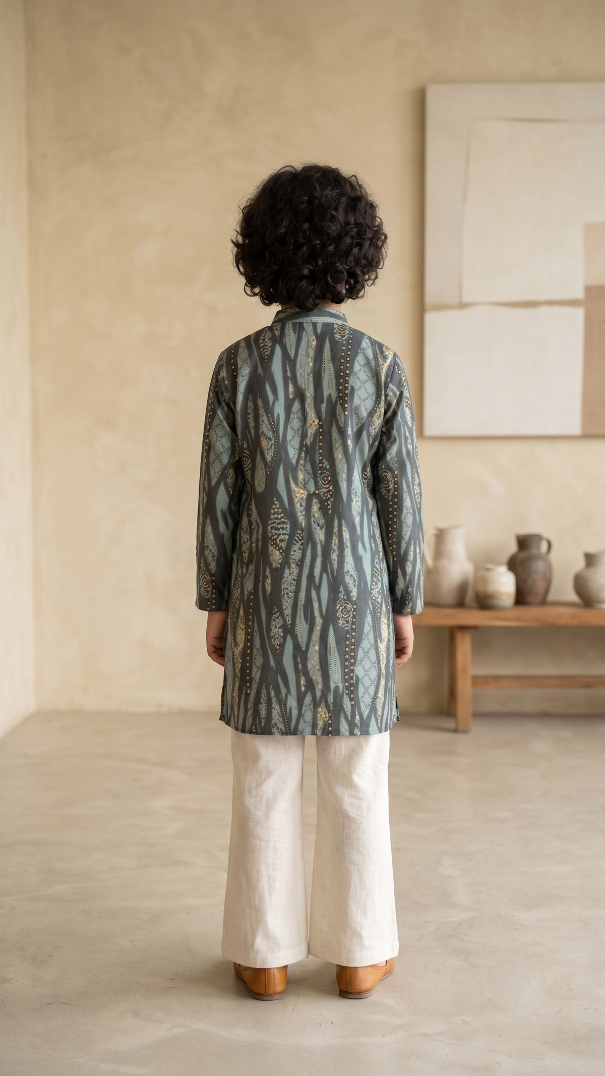 Boys Teal & Gold Abstract Printed Kurta with Off-White Bell-Bottom Trousers