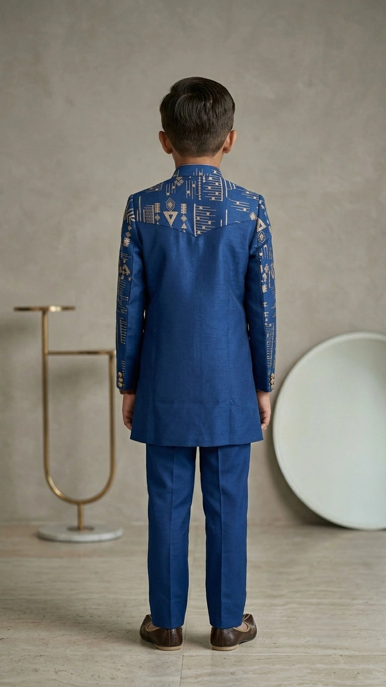 Royal Blue Geometric Embroidered Boys Indo-Western Set