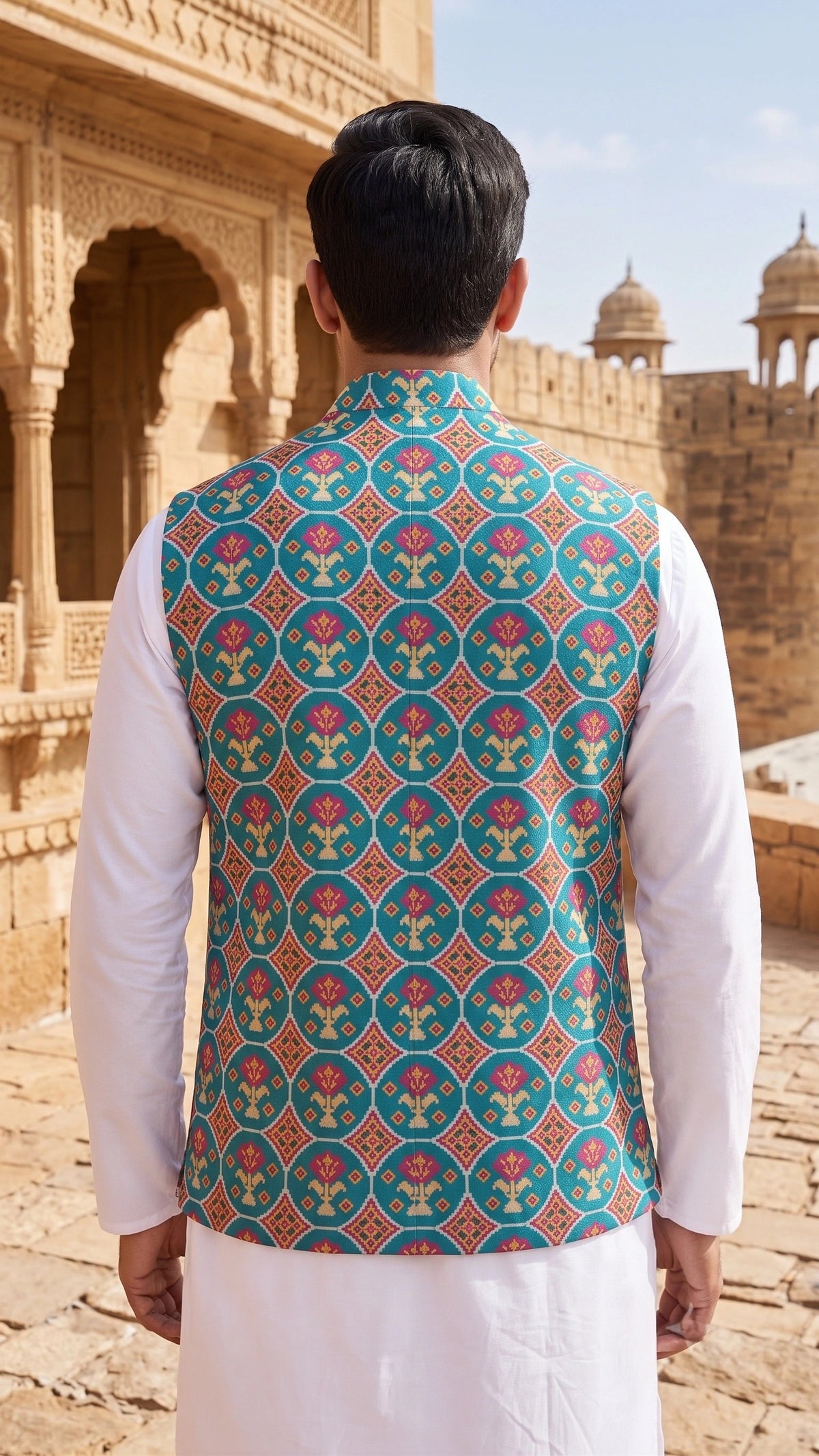 Teal Blue Patola & Floral Motif Woven Silk Nehru Jacket