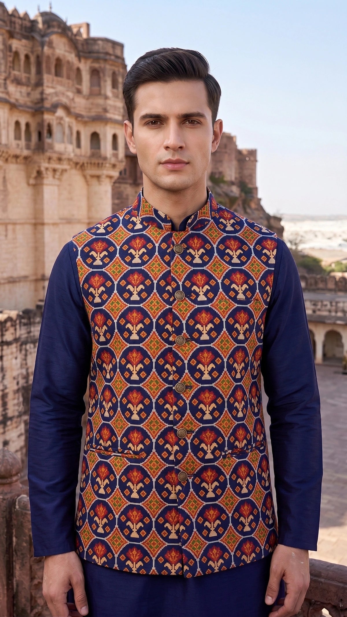 Heritage Printed Silk-Blend Waistcoat in Midnight Blue & Ochre