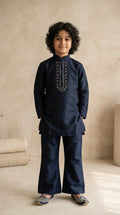 Boys Deep Navy Crystal-Work Raw Silk Kurta & Bell-Bottom Set
