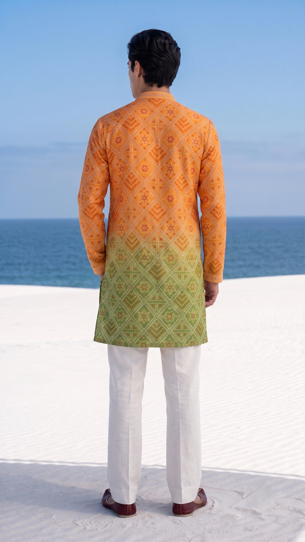Festive Silk-Blend Bandhej Short Kurta with Mandarin Collar & Ombré Dip-Dye