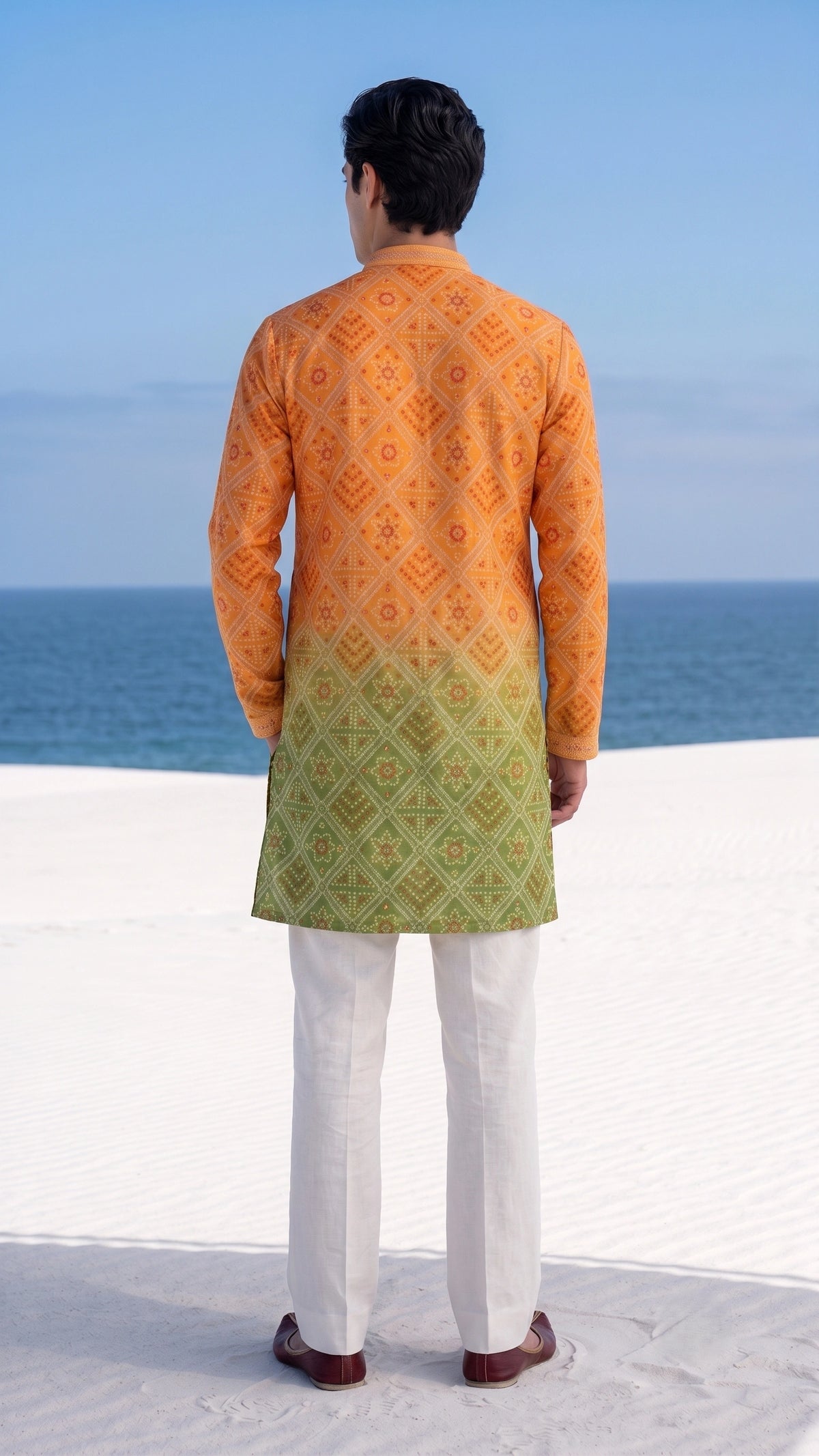Festive Silk-Blend Bandhej Short Kurta with Mandarin Collar & Ombré Dip-Dye