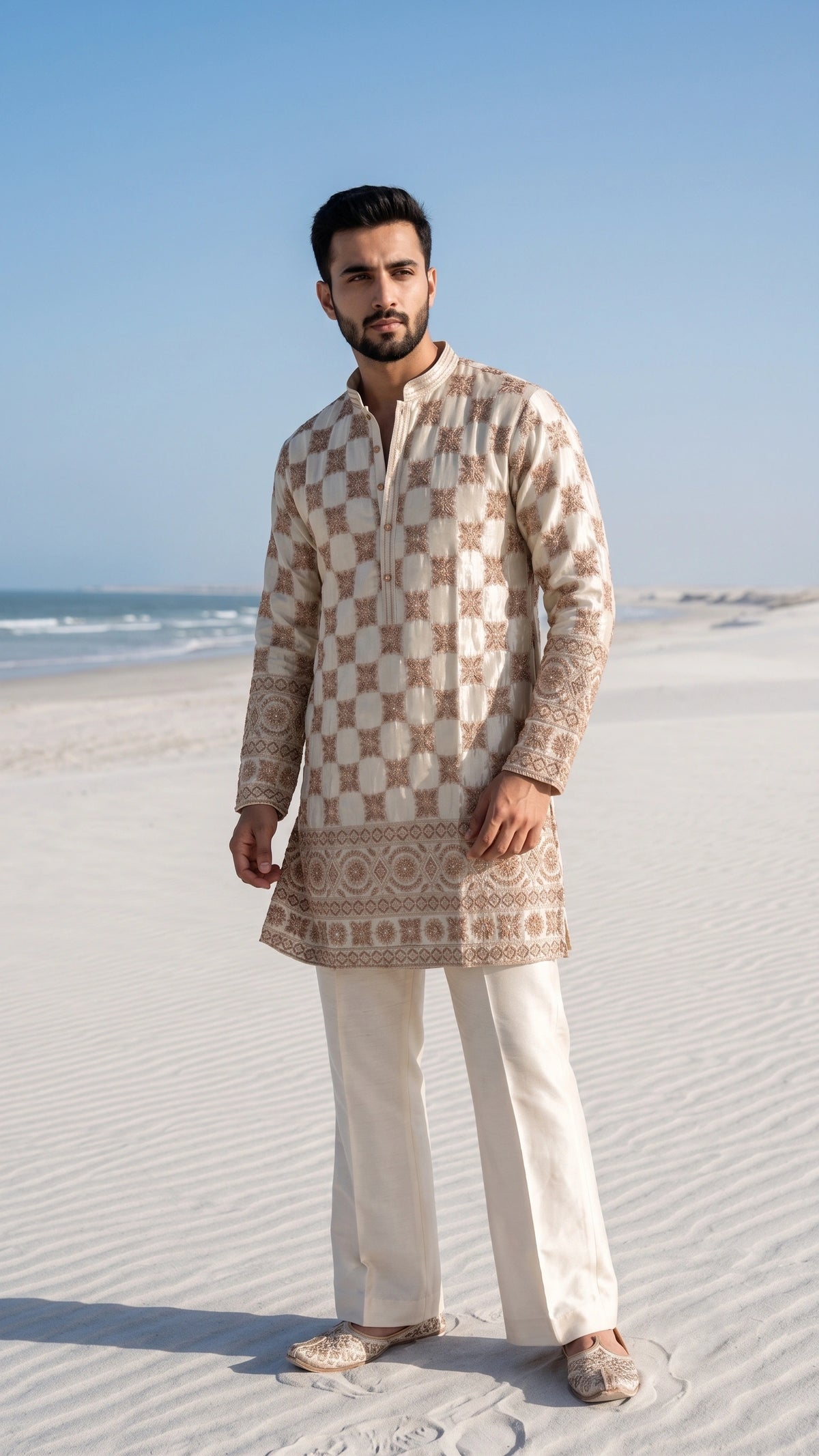 The Ivory Zardozi Checkerboard Kurta Set with Bootcut Trousers