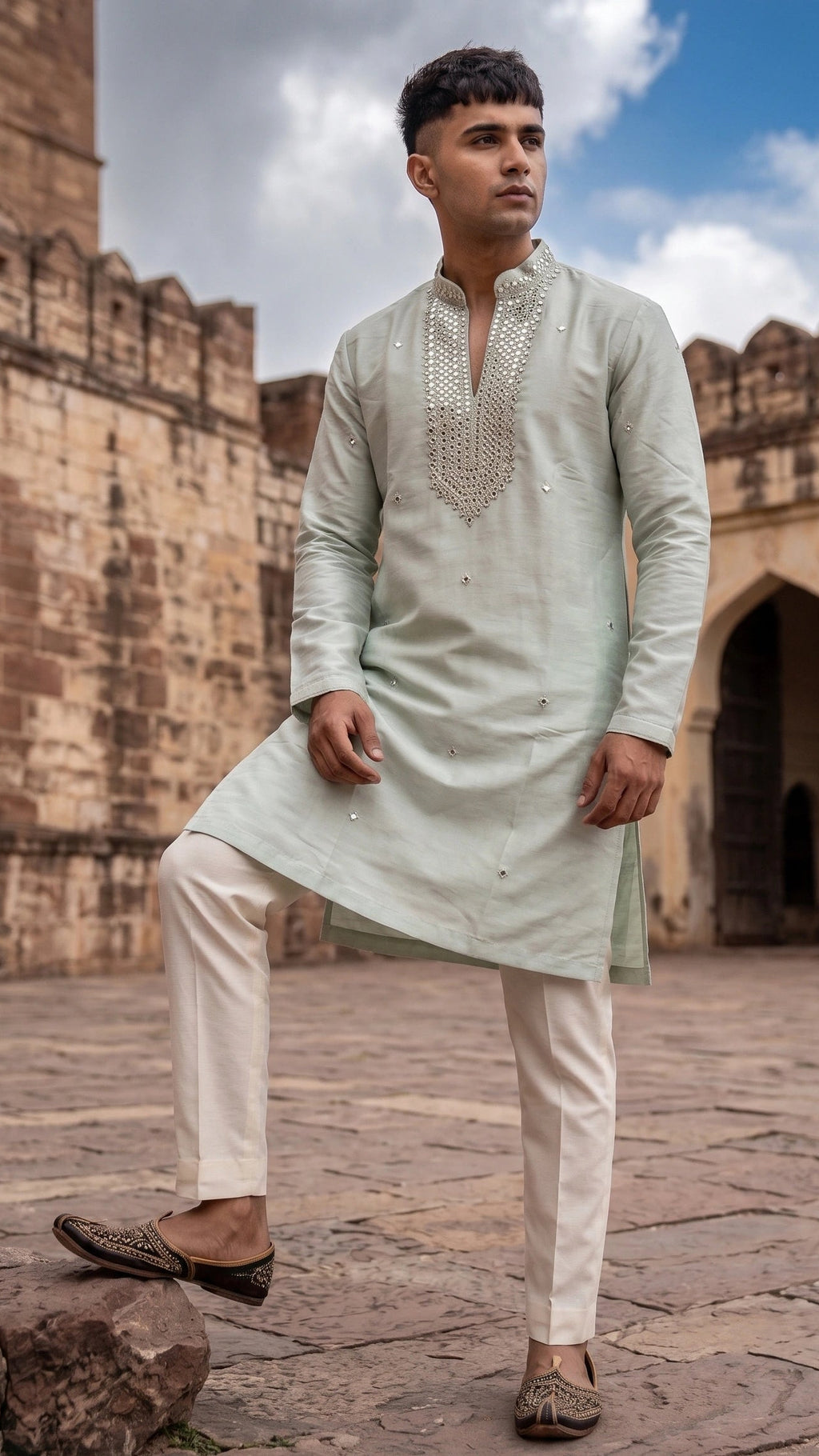 Sage Green Handcrafted Mirror Work Kurta for men