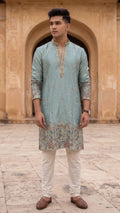 Dusty Aqua Textured Silk Kurta with Intricate Floral Border & Mirror-Work Placket