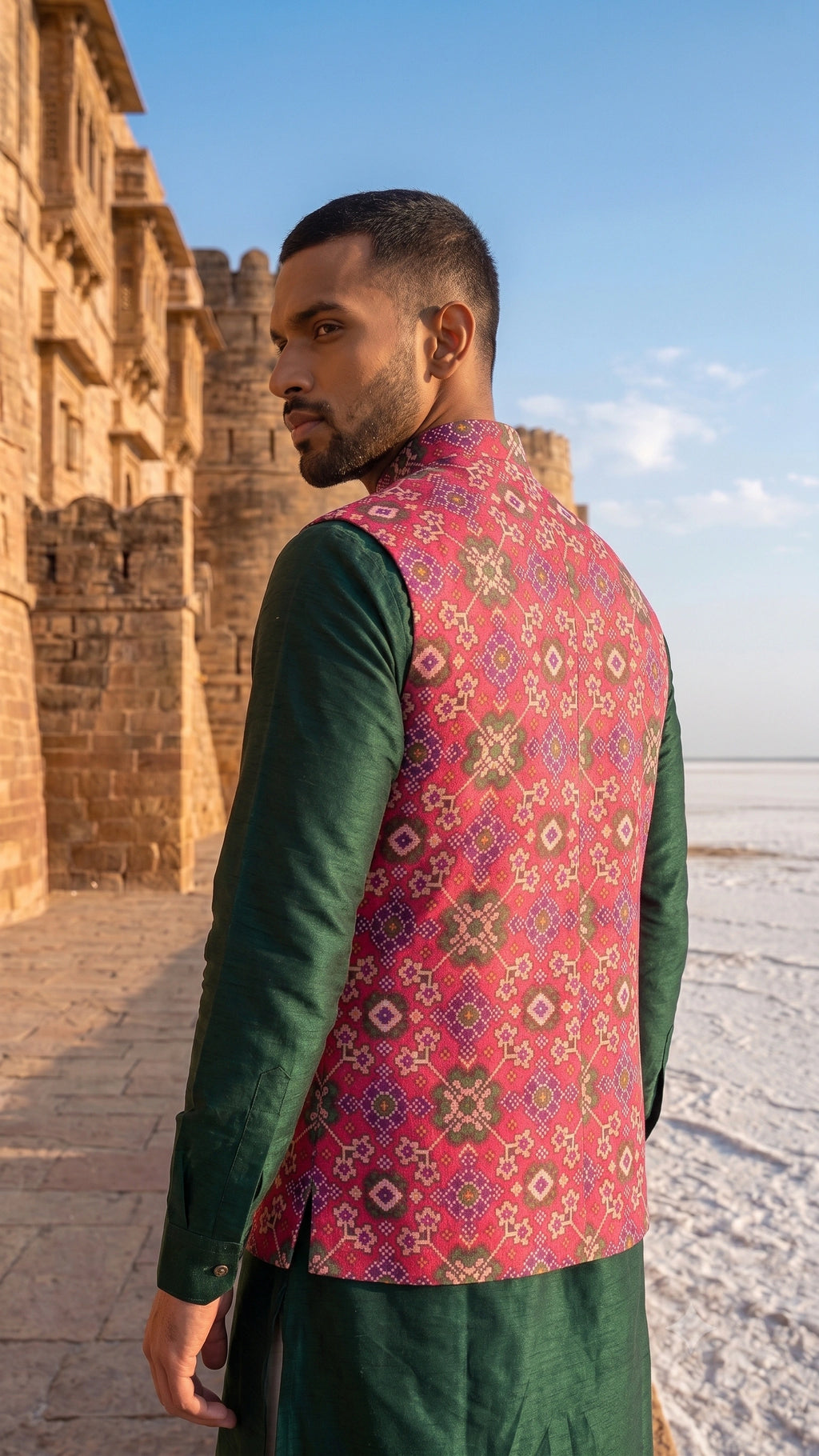 Men’s Fuchsia Pink & Multicolour Patola Print Nehru Jacket