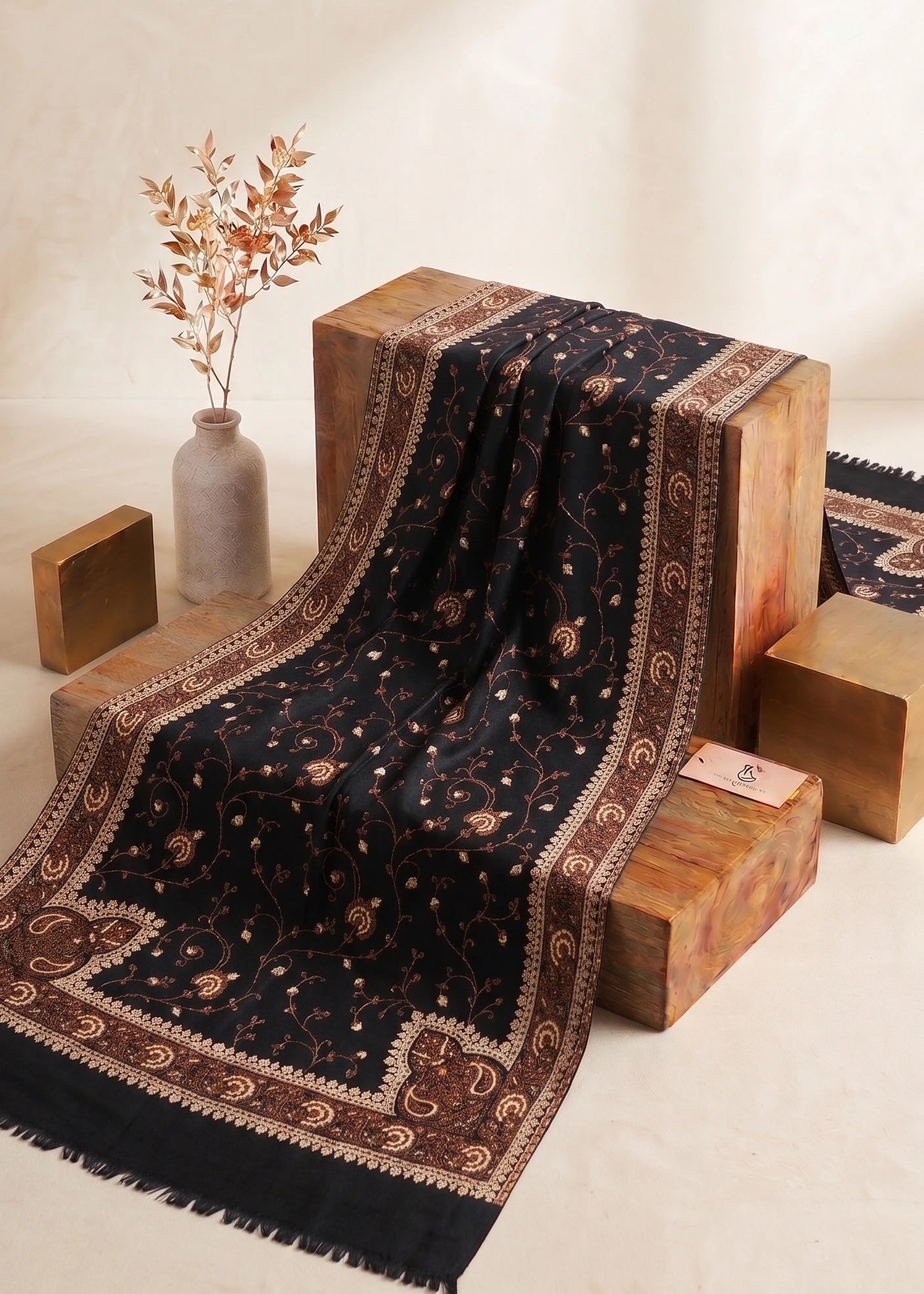 Midnight Black Aari Floral Vine Pashmina Stole