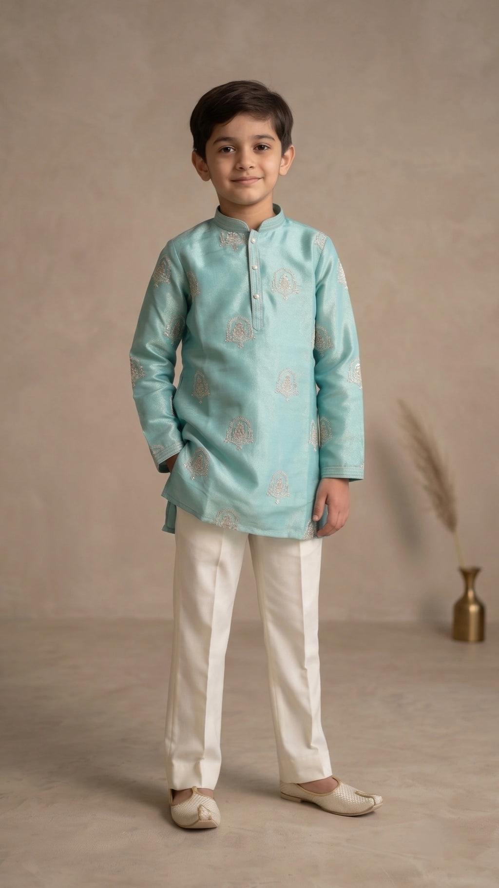 Boys Aqua Seafoam Embroidered Kurta Set with Off-White Straight Trousers