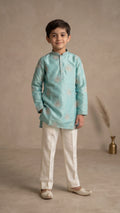 Boys Aqua Seafoam Embroidered Kurta Set with Off-White Straight Trousers