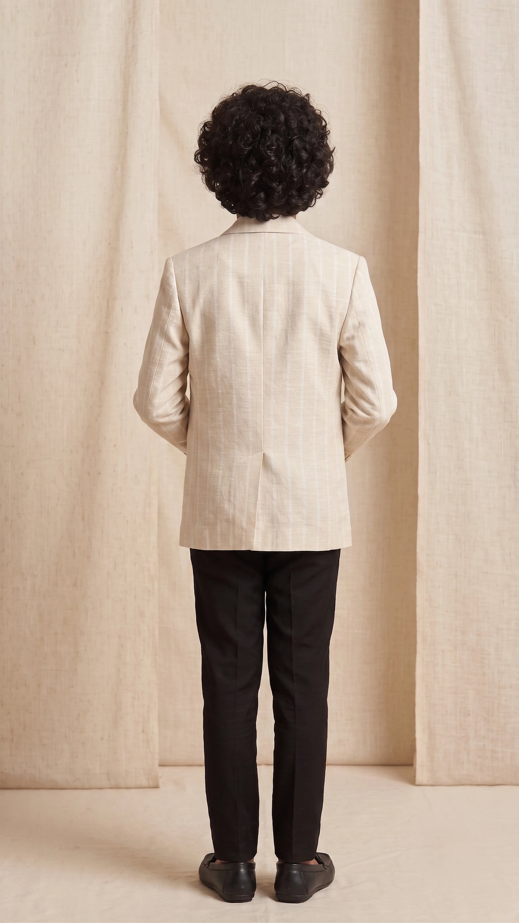Boys' Beige Textured Stripe Single-Breasted Blazer