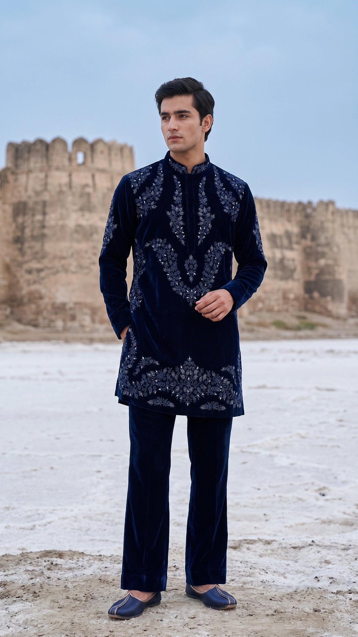 Midnight Navy Hand-Embroidered Velvet Kurta Set