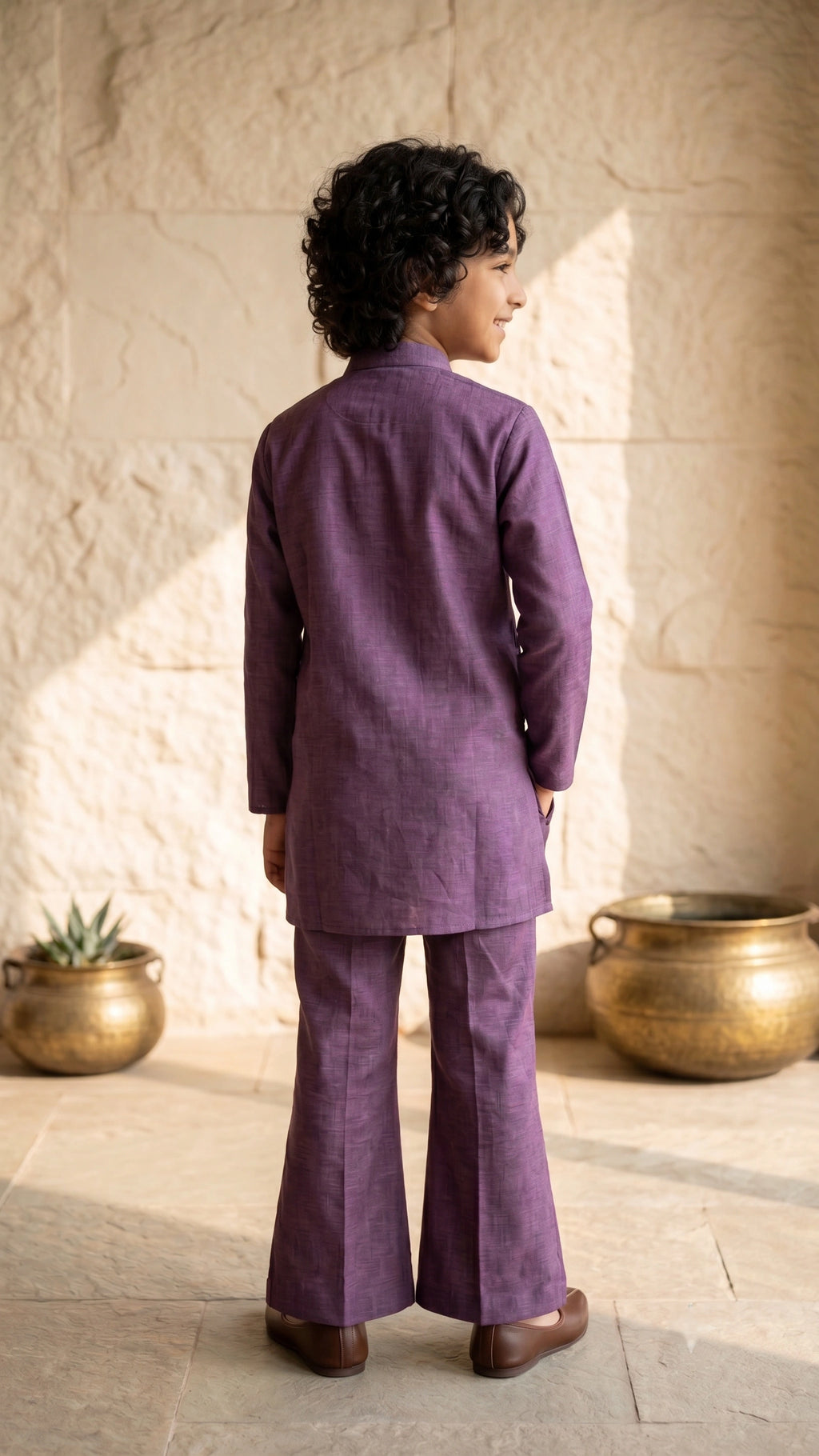 Boys Regal Plum Embroidered Kurta & Flared Pant Set