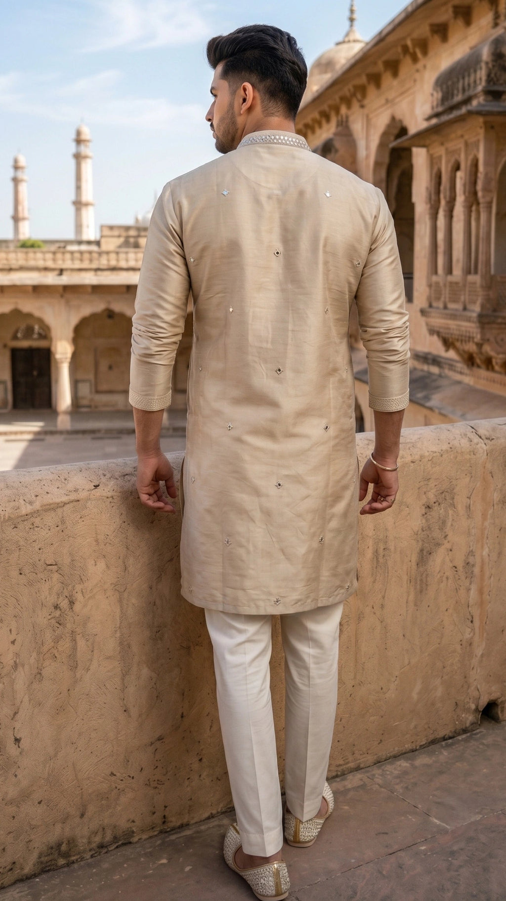 Champagne Gold Hand-Embroidered Festive Kurta for Men