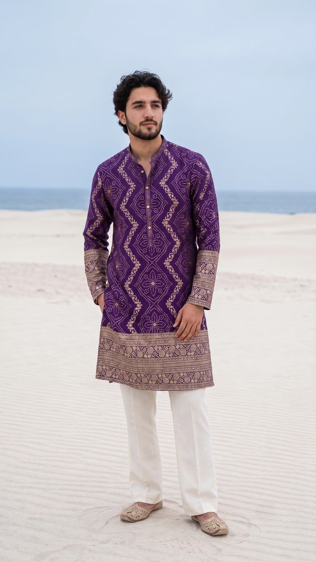 Imperial Violet Embellished Ethnic Kurta Set with Off-White Bootcut Pants