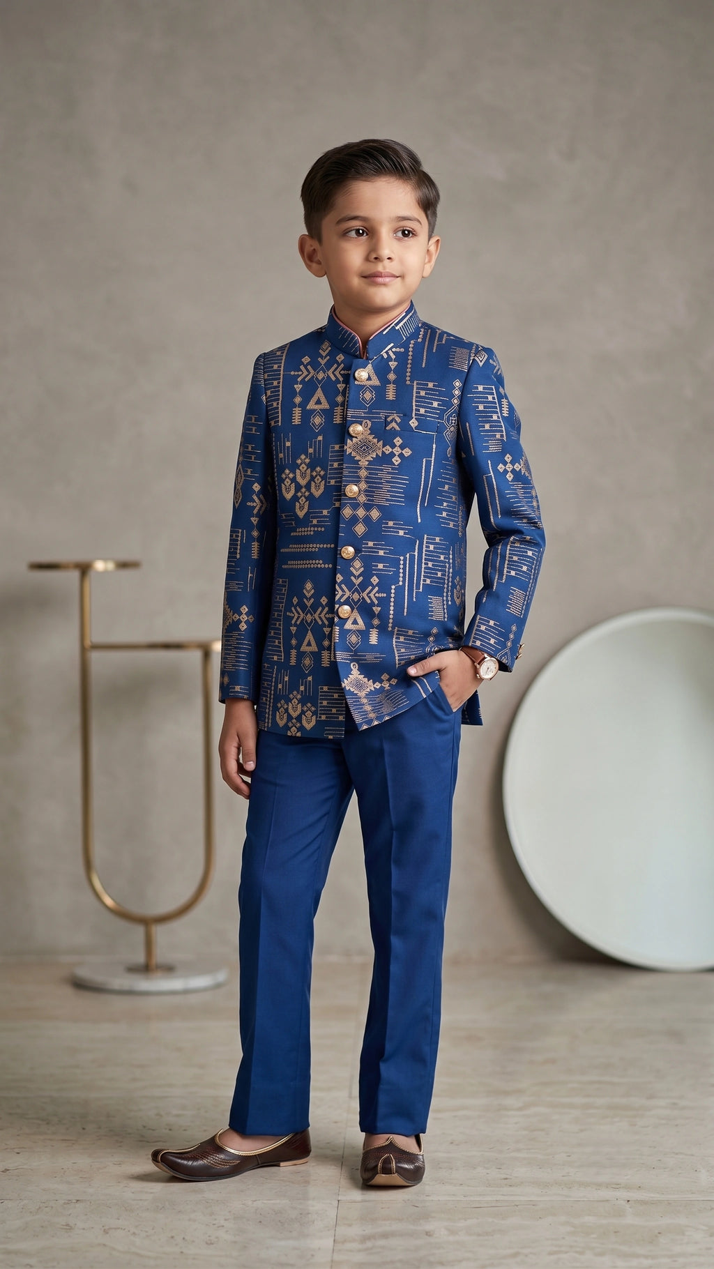 Royal Blue Geometric Embroidered Boys Indo-Western Set