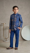 Royal Blue Geometric Embroidered Boys Indo-Western Set