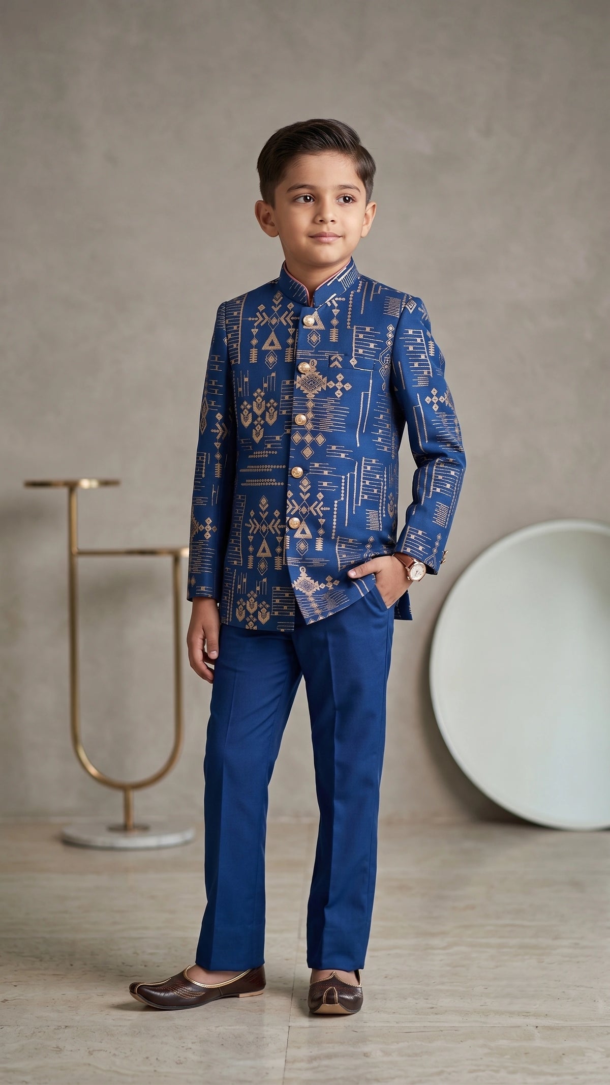 Royal Blue Geometric Embroidered Boys Indo-Western Set