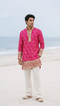 Rani Pink Leheriya Silk Short Kurta Set with Intricate Zardozi & Marodi Embroidery