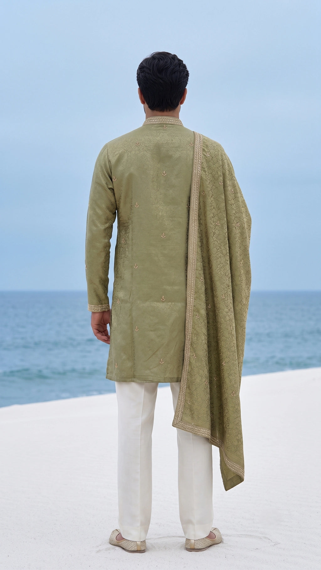 Olive Mist Resham & Zari Work Kurta Set with Tonal Embroidered Stole