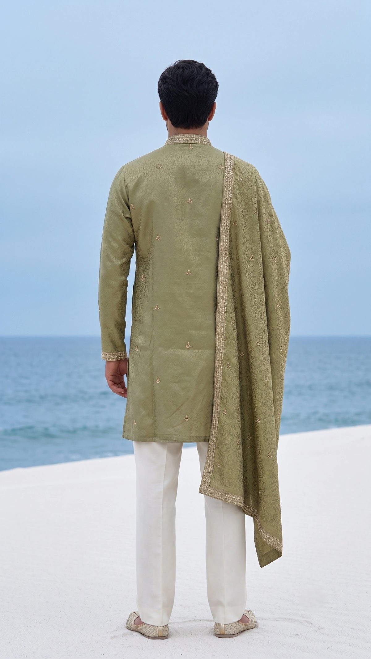 Olive Mist Resham & Zari Work Kurta Set with Tonal Embroidered Stole