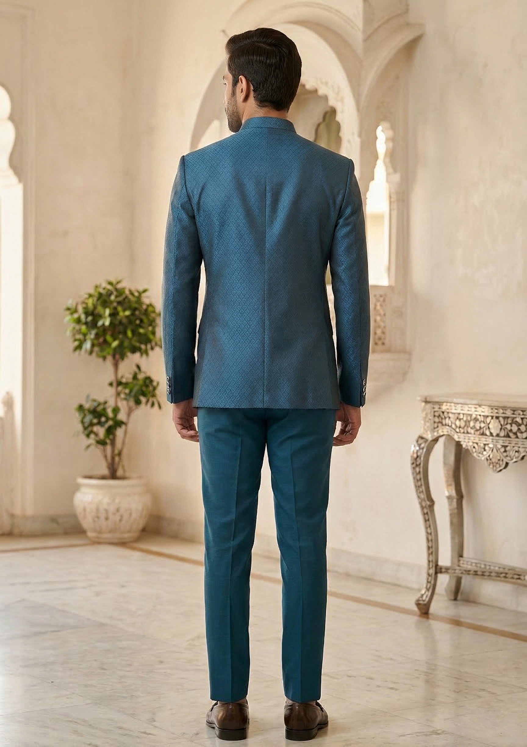 Men’s Teal Blue Geometric Textured Jodhpuri Suit