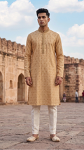 Men's Ochre Gold Jacquard Silk Kurta Set with Embroidered Mandarin Collar