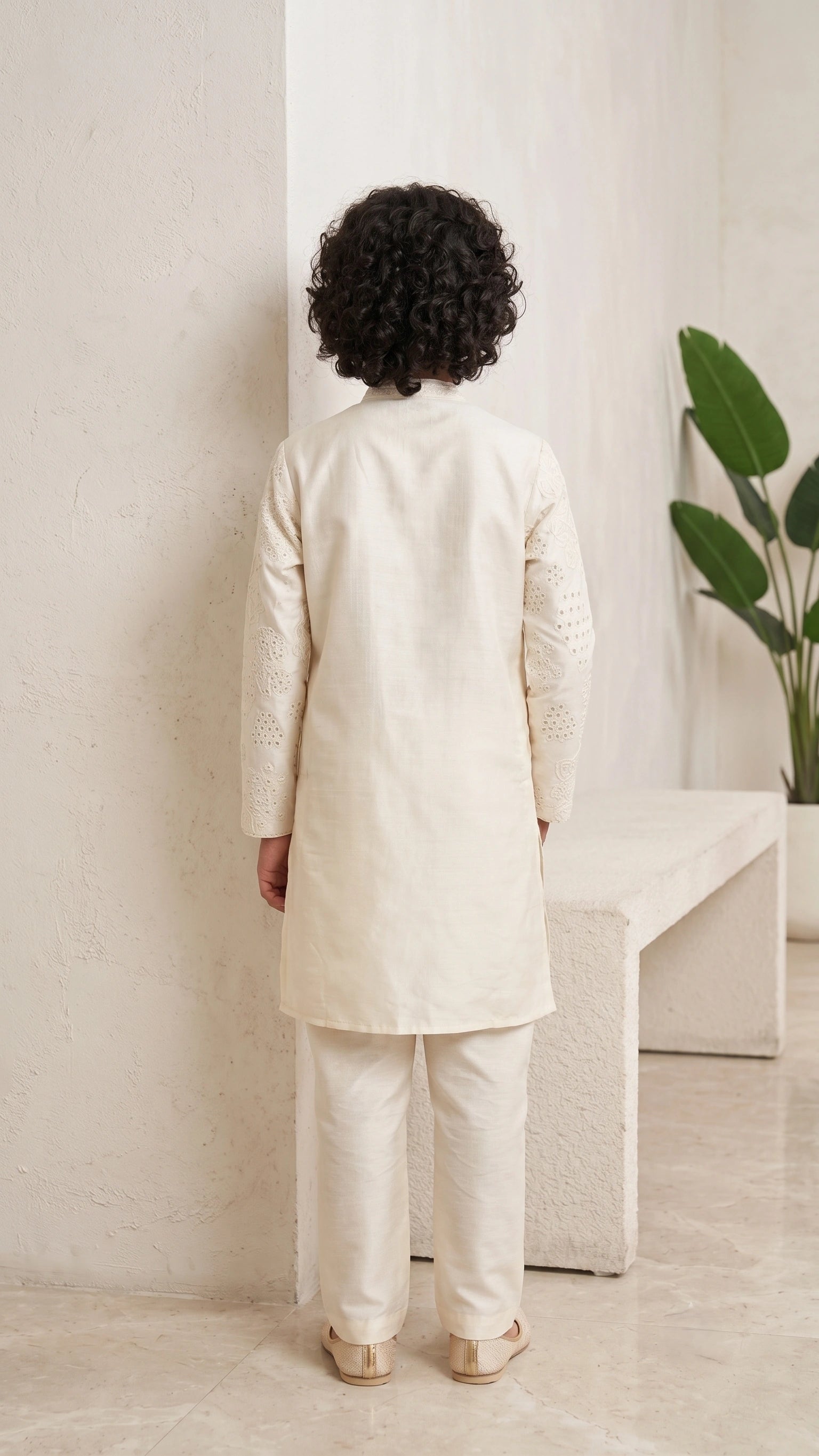 Boys Cream Embroidered Silk Kurta with Broad-Fit Pants Set