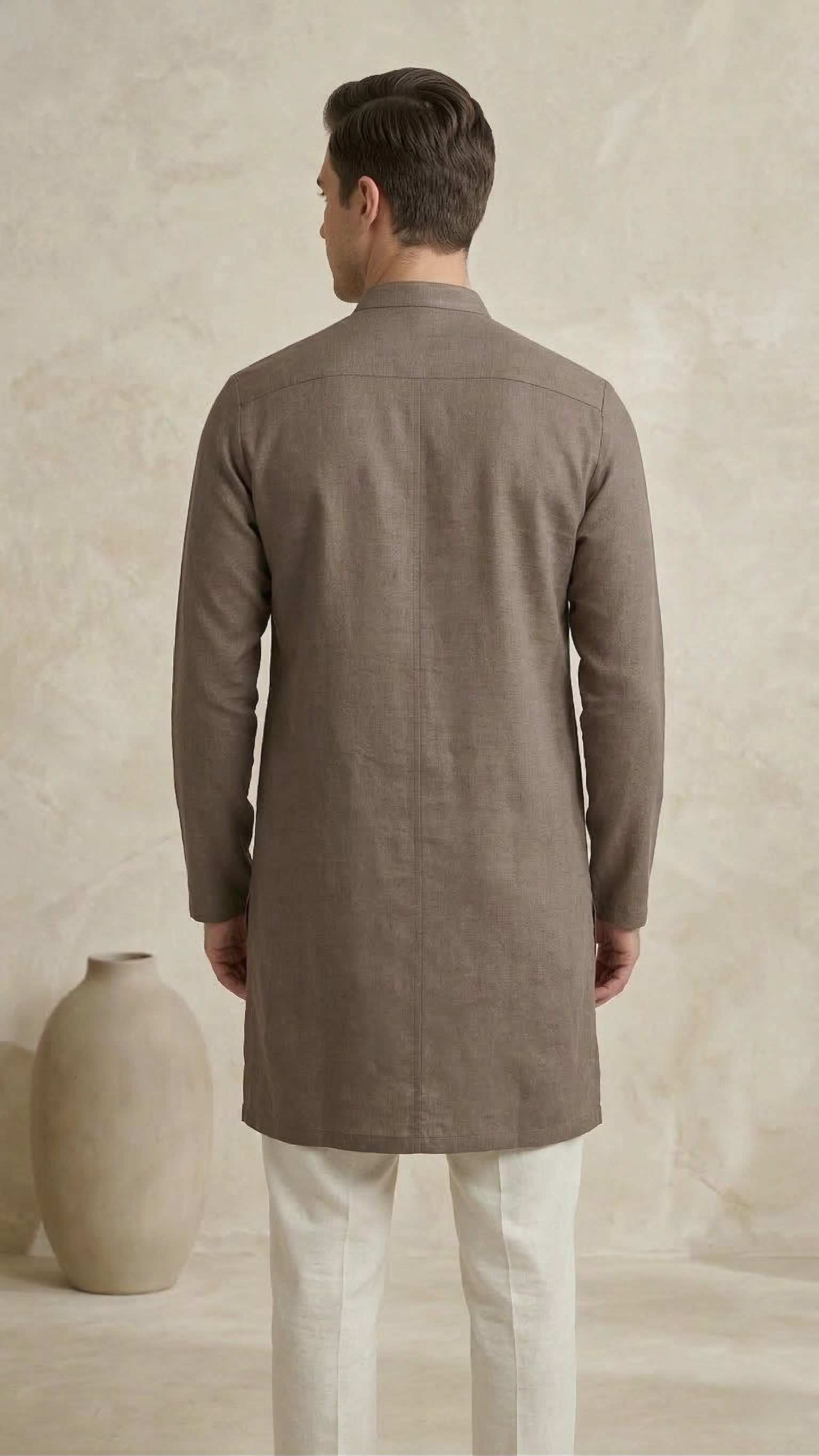 Modern Taupe Zippered Kurta with Geometric Embroidery