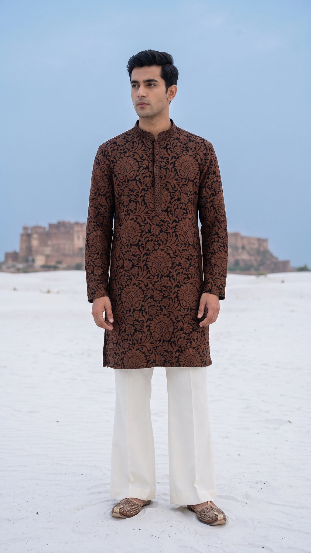 Artisan Noir: Antique Copper Floral Jacquard Kurta for Men