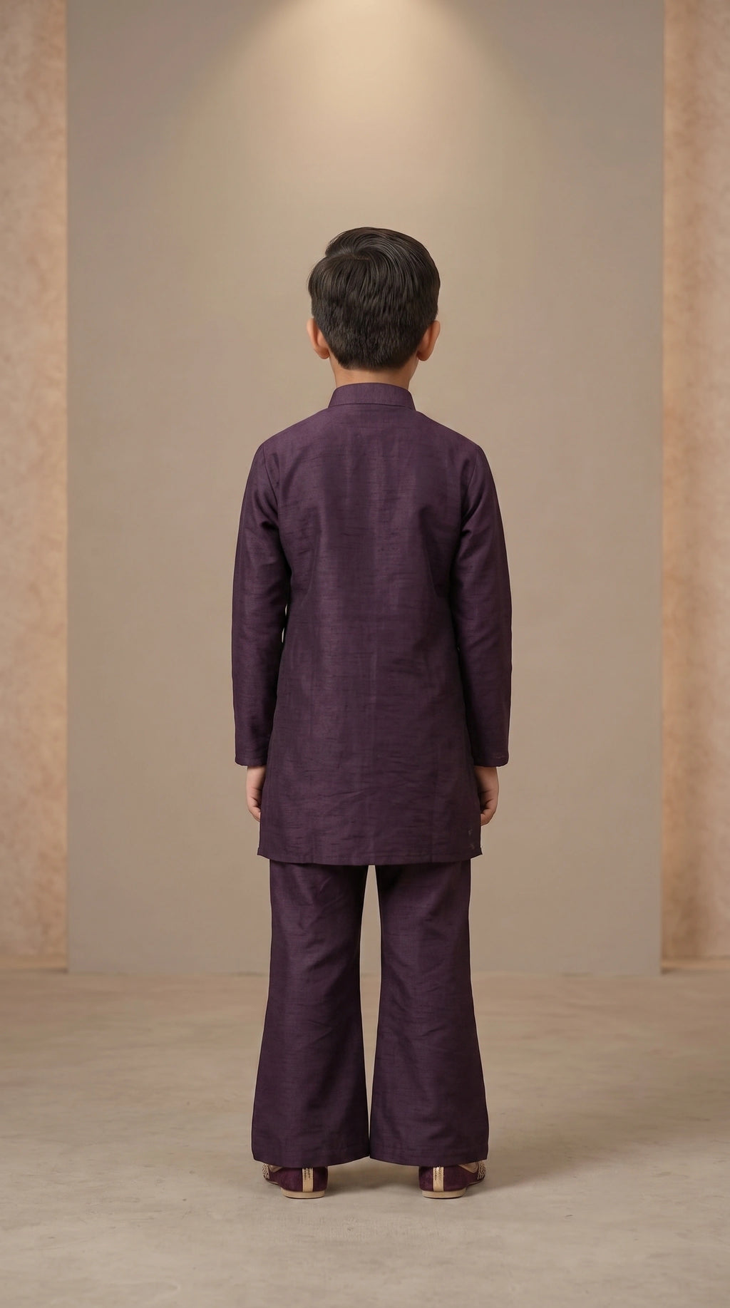 Boys Deep Plum Raw Silk Kurta Set with Silver Hand-Embellished Placket & Wide-Leg Pants