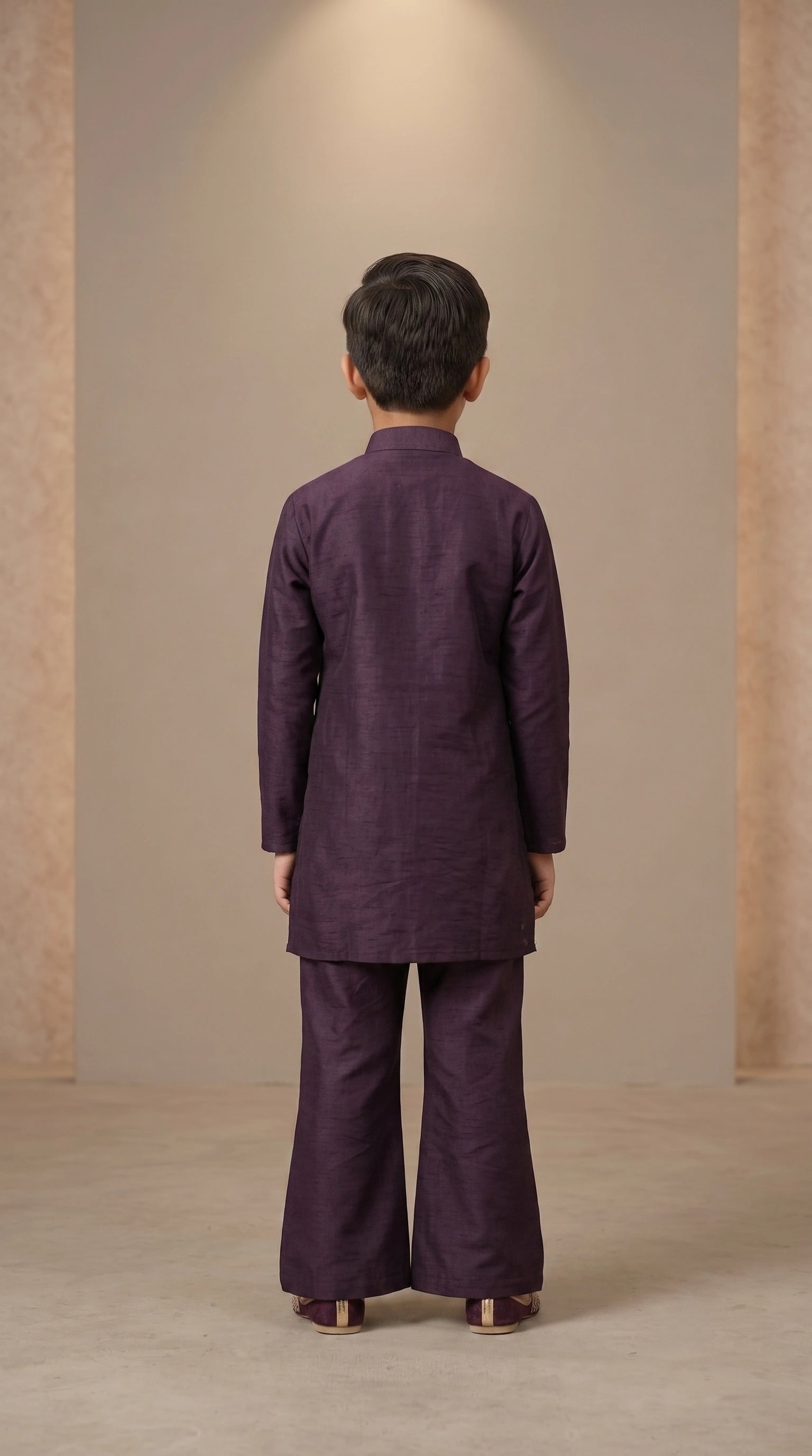 Boys Deep Plum Raw Silk Kurta Set with Silver Hand-Embellished Placket & Wide-Leg Pants